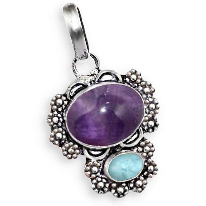 Natural Purple Amethyst and Caribbean Larimar Gemstone set in .925 Sterling Silver Plated Pendant