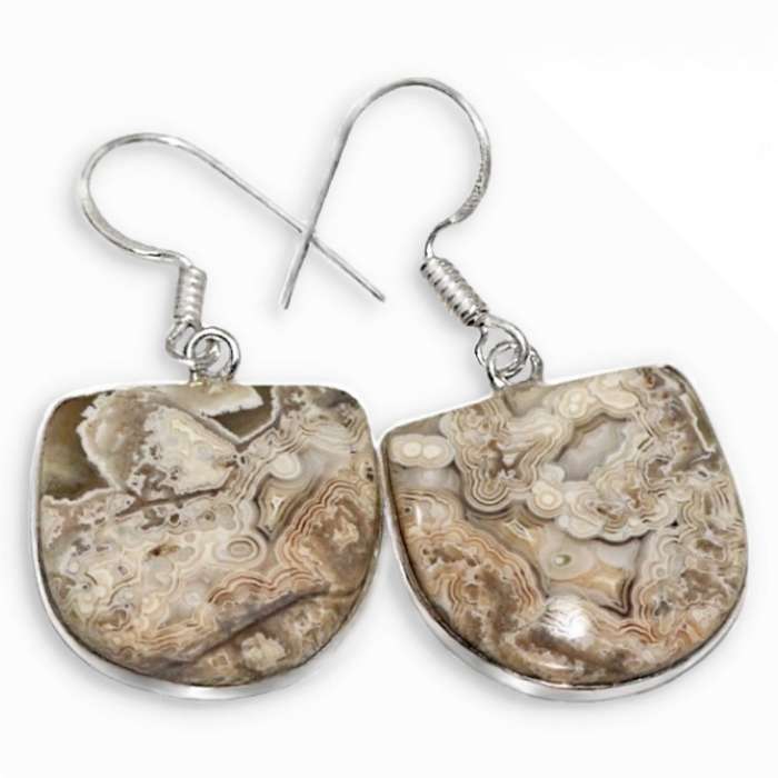 Natural Mexican Laguna Lace Gemstone .925 Sterling Silver Plated Handmade Earrings