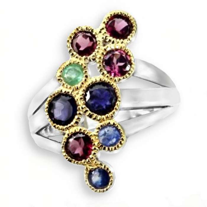 Natural Iolite, Emerald Garnet Sapphire Two Tone Solid .925 Sterling Silver Ring Size 9 or R 1/2
