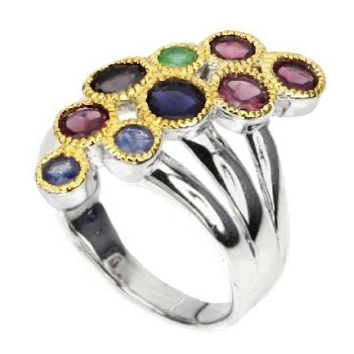 Natural Iolite, Emerald Garnet Sapphire Two Tone Solid .925 Sterling Silver Ring Size 9 or R 1/2