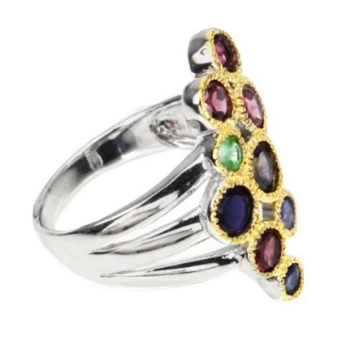 Natural Iolite, Emerald Garnet Sapphire Two Tone Solid .925 Sterling Silver Ring Size 9 or R 1/2