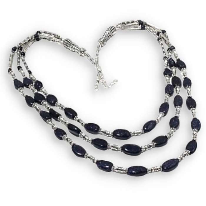 3 Layer Purple Sandstone Oblong Beads set in .925 Sterling Silver Plated Handmade Necklace