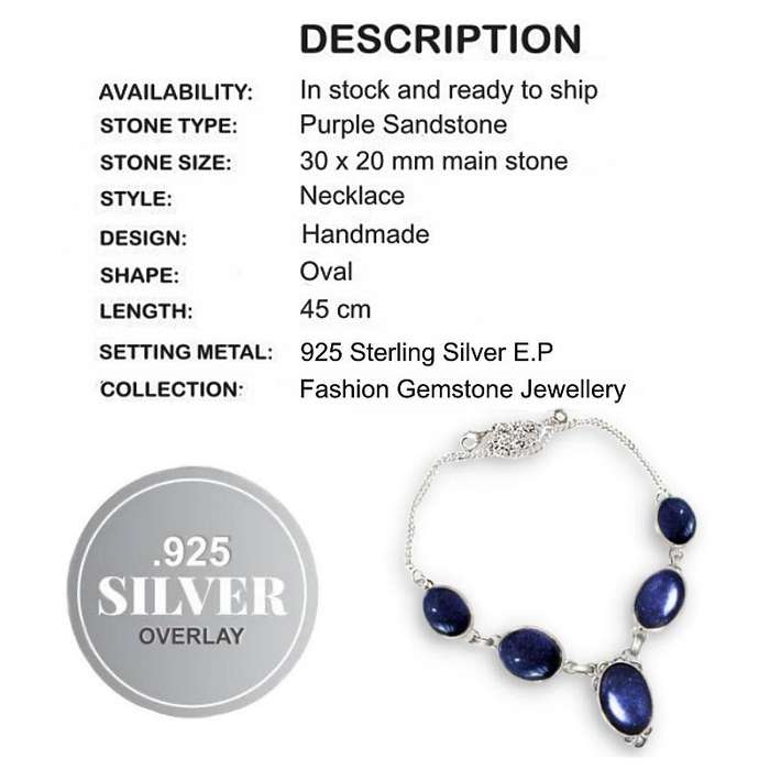 Handmade Purple Sandstone Larger Ovals Gemstone 925 Sterling Silver Plated Necklace