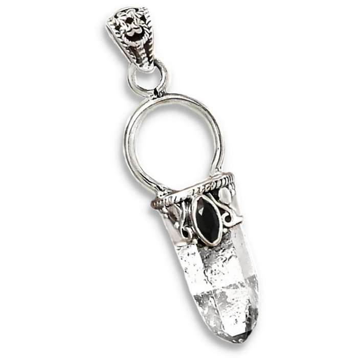 Natural Herkimer Diamond and Black Onyx set in Solid .925 Sterling Silver Pendant
