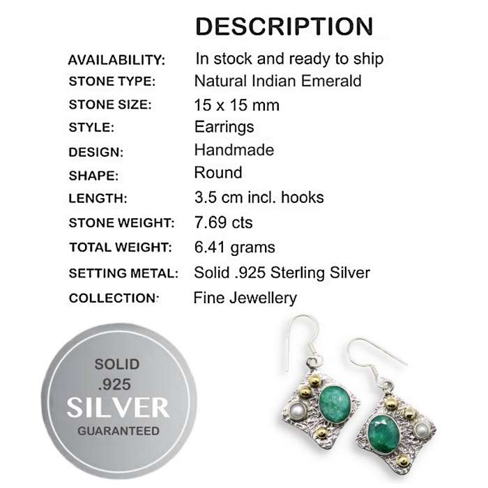 Natural Indian Emerald and White Pearl Gemstone set in Solid .925 Sterling Silver Earrings