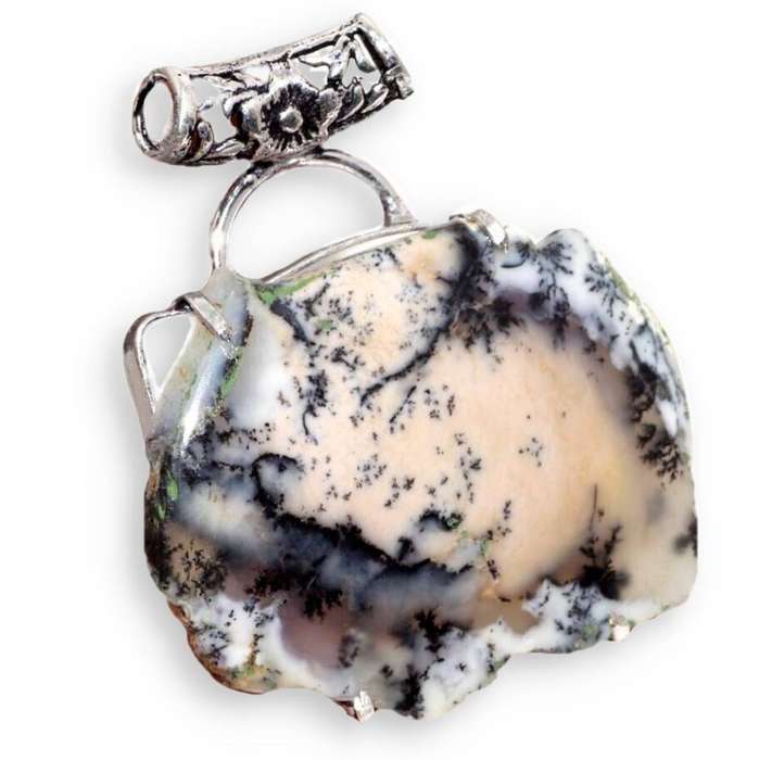 Natural Dendritic Opal Rough Shape Gemstone set in .925 Sterling Silver Plated Ornate Bale Pendant