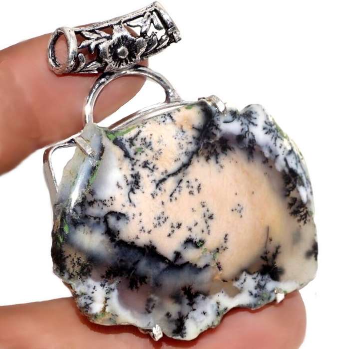 Natural Dendritic Opal Rough Shape Gemstone set in .925 Sterling Silver Plated Ornate Bale Pendant