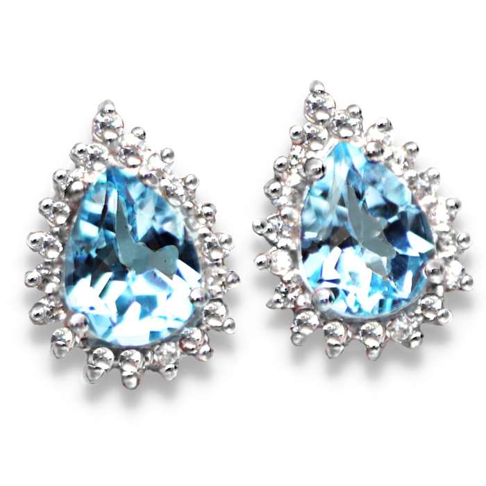 Natural Sky Blue Topaz Gemstone Pears and White CZ  Solid .925 Sterling Silver Stud Earrings