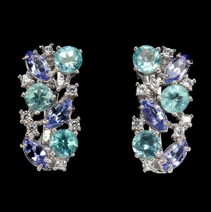 Rare Natural Unheated Tanzanite and Apatite AAA White CZ Solid .925 Silver & White Gold Earrings