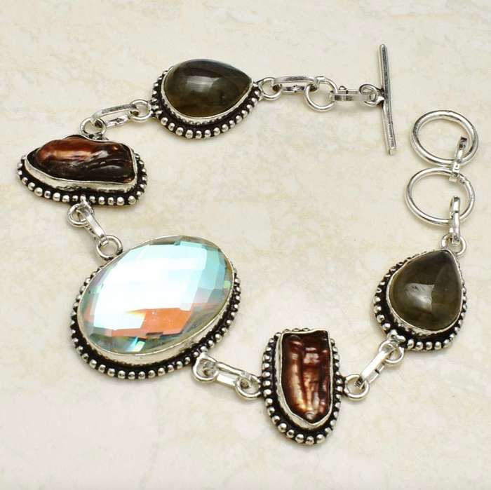 Rainbow Mystic Fire Topaz and Biwa Pearl set in .925 Sterling Silver Plated Handmade Bracelet