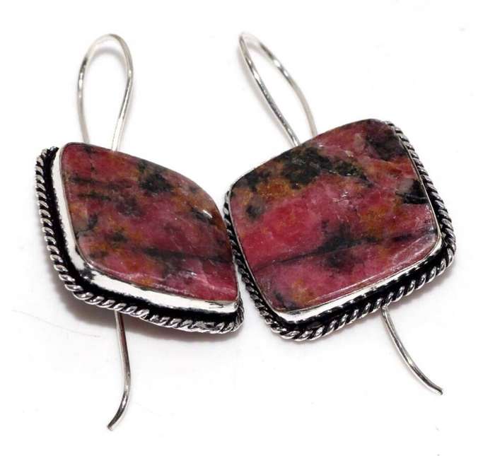Natural Rhodonite Square Gemstone set in 925 Sterling Silver Plated Handmade Earrings
