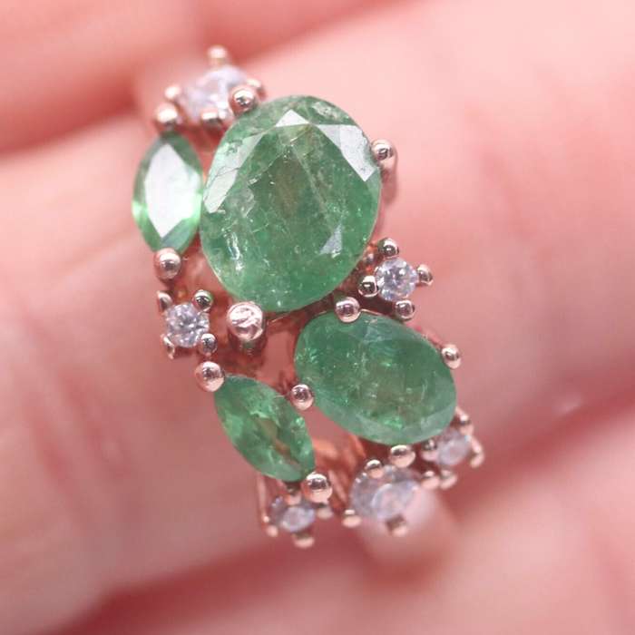 Natural Brazilian Emerald Ovals and AAA White Cubic Zirconia Solid .925 Silver Ring Sz 7.25 OR O1/2