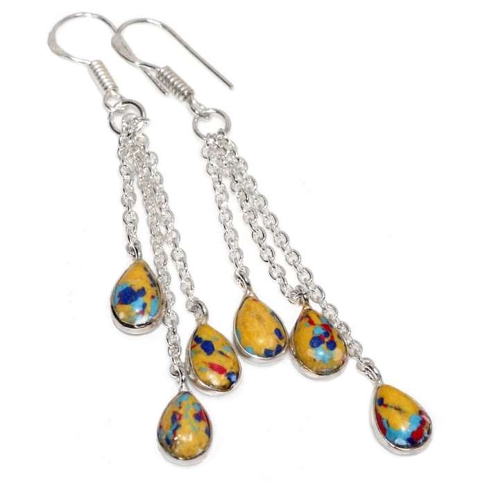 Handmade Mosaic Jasper Gemstone Pears .925 Sterling Silver Plated Long Earrings