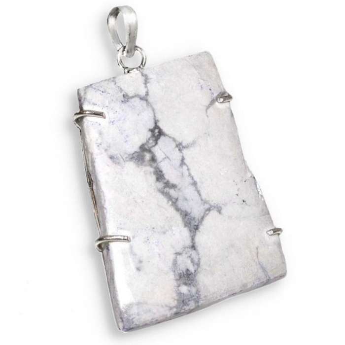 Natural Howlite Rectangle Rough Edges Gemstone set in .925 Sterling Silver Plated Handmade Pendant
