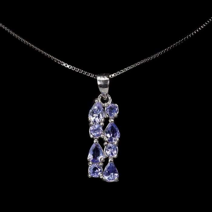 Deluxe Natural Unheated Tanzanite Mixed Shape Gemstone Solid .925 Silver & White Gold Necklace