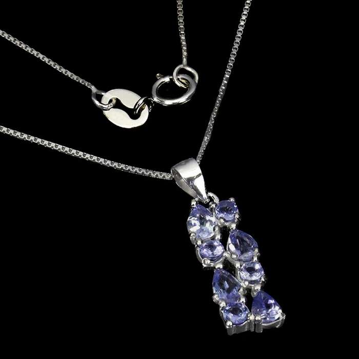 Deluxe Natural Unheated Tanzanite Mixed Shape Gemstone Solid .925 Silver & White Gold Necklace