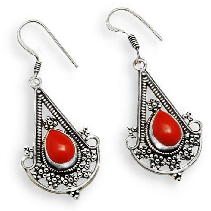 Red Coral Pear Shape set in .925  Sterling Silver Plated Handmade Antique Style Earrings