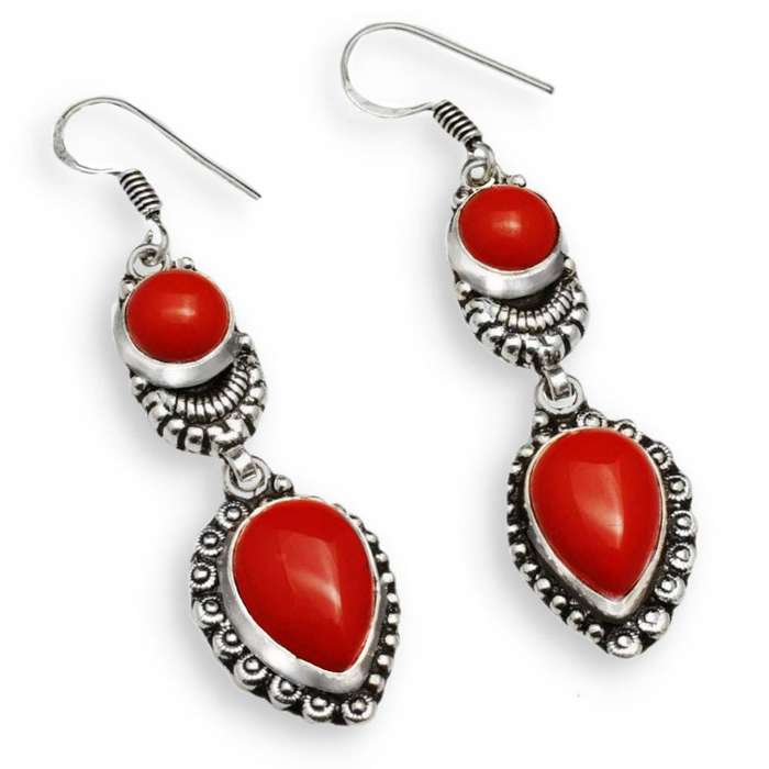 Red Coral Mixed Shapes Gemstone .925  Sterling Silver Plated Handmade Antique Style Earrings
