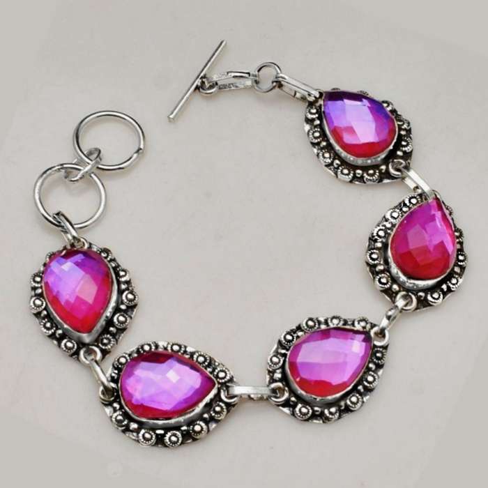 Pink Mystic Fire Topaz Pear Shapes in Stamped .925 Sterling Silver Plated Antique Style Bracelet