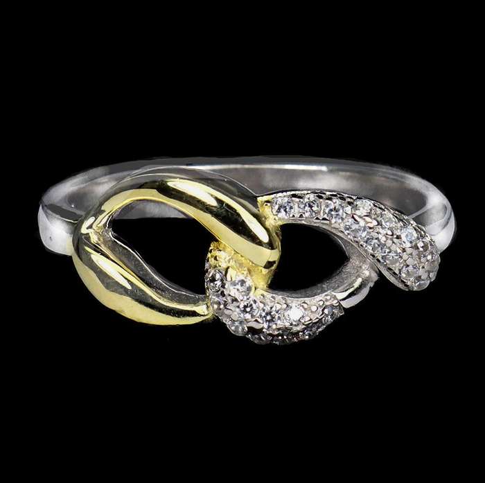 Two Tone AAA Diamond Cut AAA White CZ Solid .925 Silver 14K White and Yellow Gold Ring Size US 8 /Q