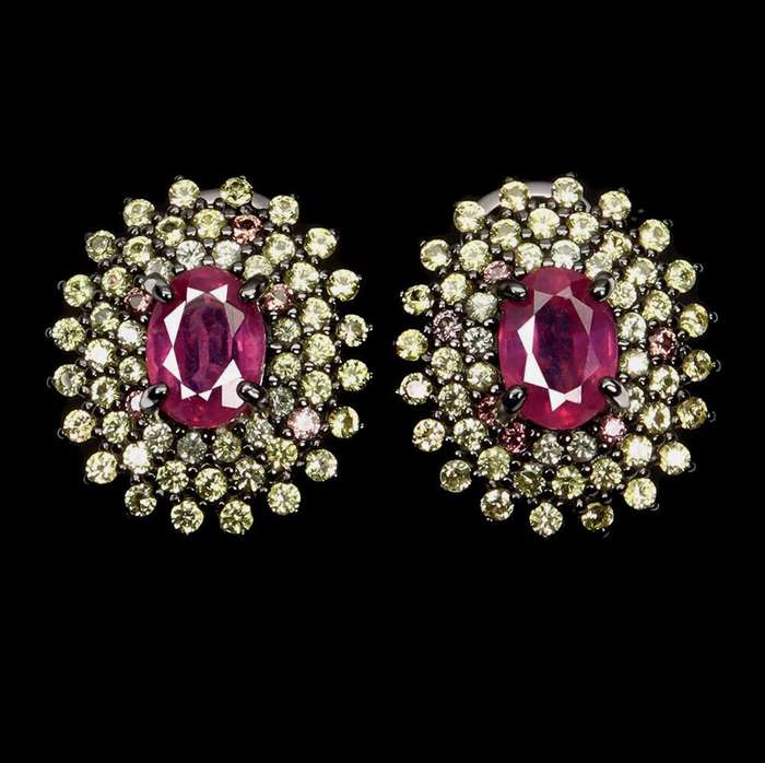 Deluxe Natural Red Pink Ruby and Sapphires Set in Solid .925 Sterling Silver 14K W/ Gold Earrings