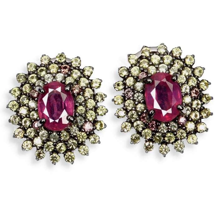 Deluxe Natural Red Pink Ruby and Sapphires Set in Solid .925 Sterling Silver 14K W/ Gold Earrings
