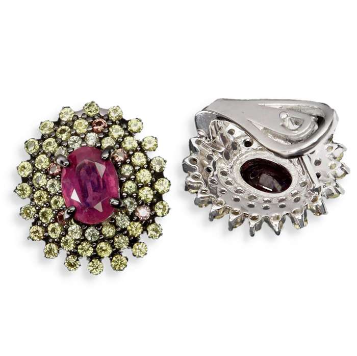 Deluxe Natural Red Pink Ruby and Sapphires Set in Solid .925 Sterling Silver 14K W/ Gold Earrings