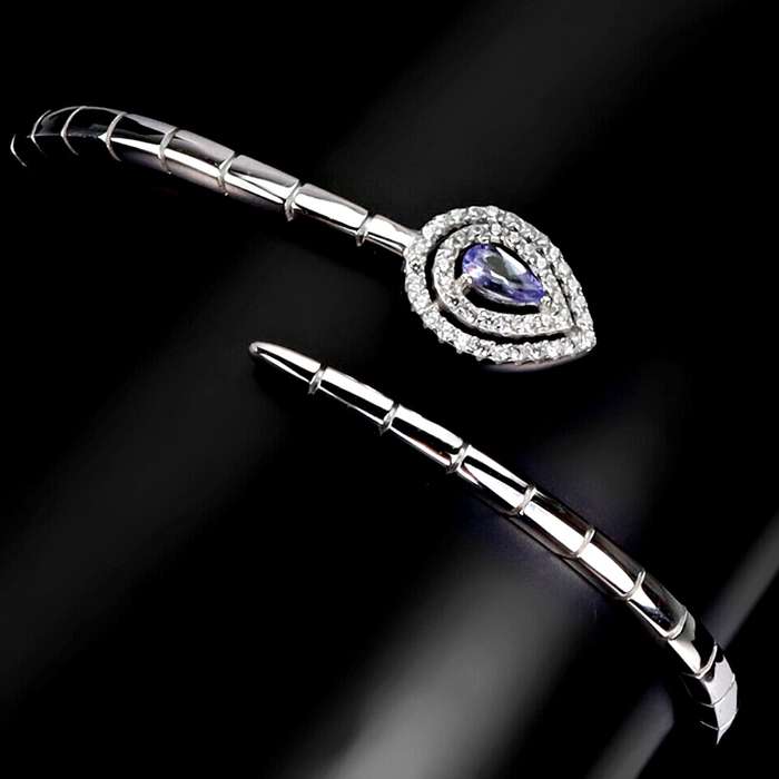 DELUXE Natural Unheated Tanzanite Pear AAA White Cubic Zirconia in Solid .925 Silver 14K W/G Bangle