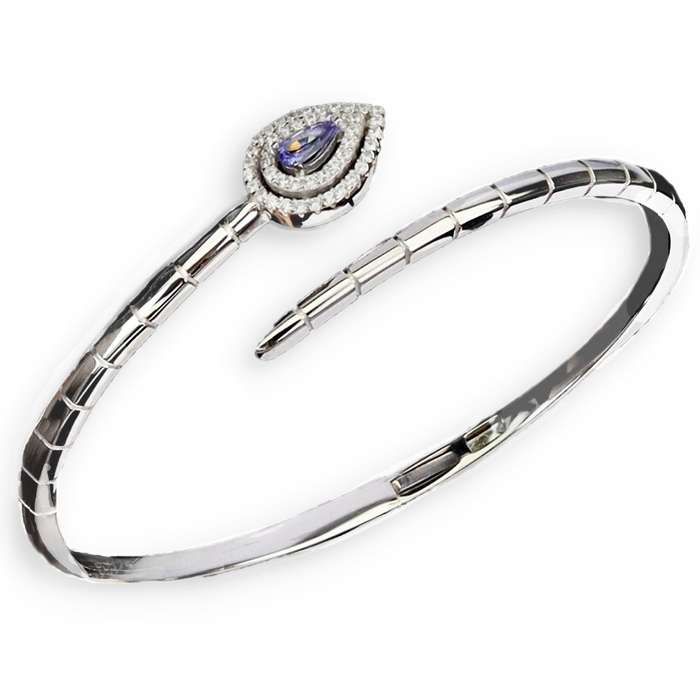 DELUXE Natural Unheated Tanzanite Pear AAA White Cubic Zirconia in Solid .925 Silver 14K W/G Bangle