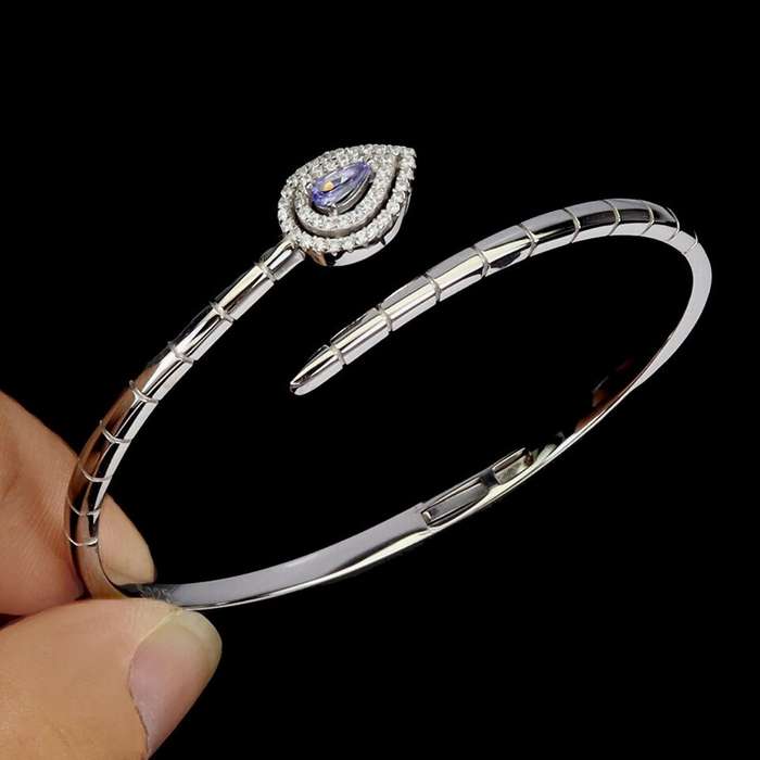 DELUXE Natural Unheated Tanzanite Pear AAA White Cubic Zirconia in Solid .925 Silver 14K W/G Bangle