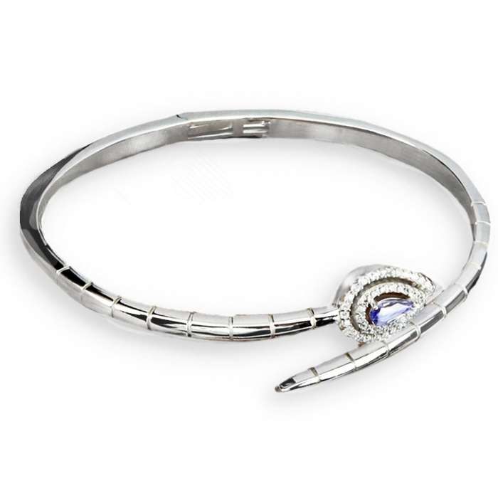 DELUXE Natural Unheated Tanzanite Pear AAA White Cubic Zirconia in Solid .925 Silver 14K W/G Bangle