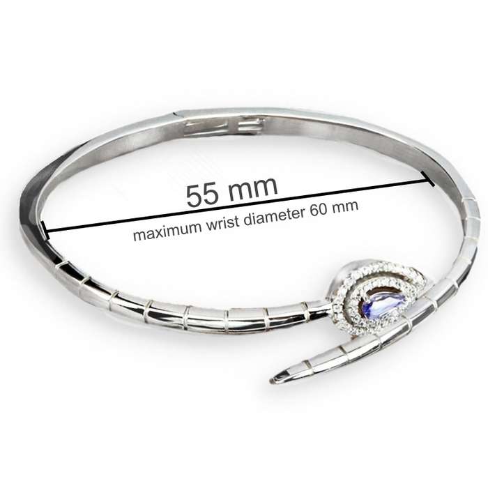 DELUXE Natural Unheated Tanzanite Pear AAA White Cubic Zirconia in Solid .925 Silver 14K W/G Bangle