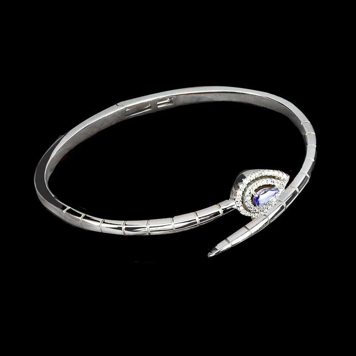DELUXE Natural Unheated Tanzanite Pear AAA White Cubic Zirconia in Solid .925 Silver 14K W/G Bangle