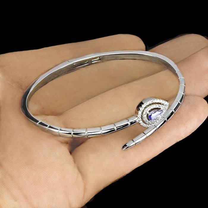DELUXE Natural Unheated Tanzanite Pear AAA White Cubic Zirconia in Solid .925 Silver 14K W/G Bangle