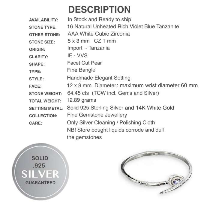 DELUXE Natural Unheated Tanzanite Pear AAA White Cubic Zirconia in Solid .925 Silver 14K W/G Bangle