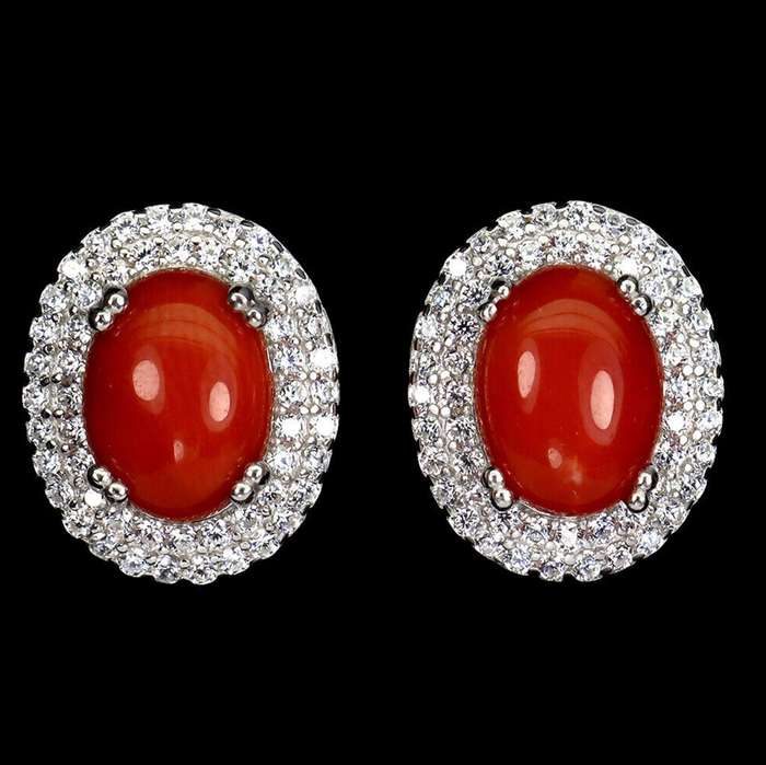 Rare Natural Unheated Italian Coral AAA White CZ in Solid Sterling Silver White Gold Stud Earrings