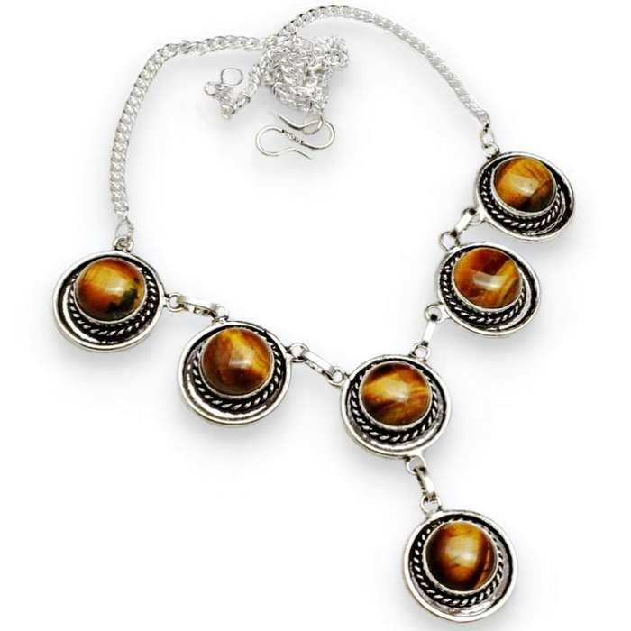 Natural Tigers Eye Round Cab Gemstones set in .925  Sterling Silver Plated  Handmade Necklace