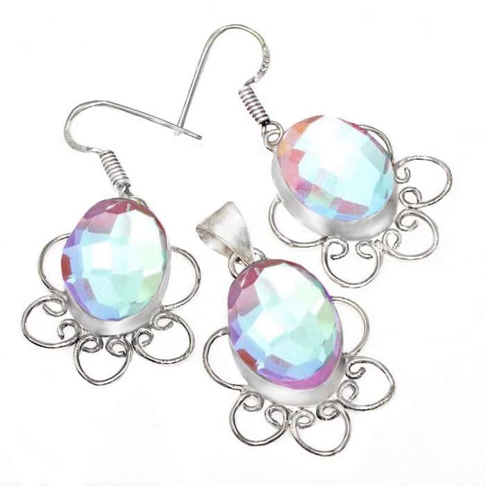 Rainbow Fire Topaz Ovals in .925 Sterling Silver Plated Elegant Pendant and Earrings Set