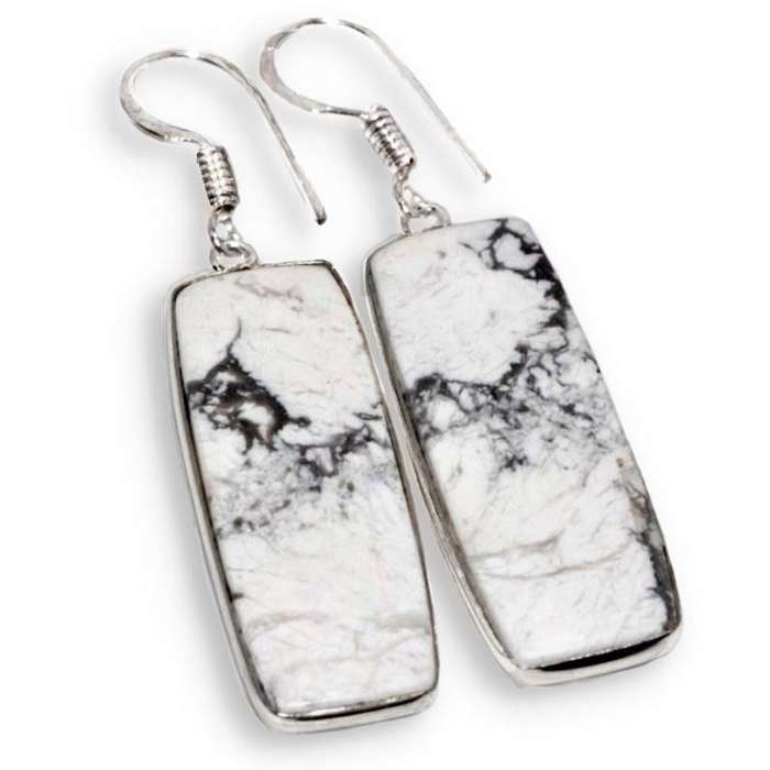 Natural Howlite Rectangle Gemstone set in 925 Sterling Silver Plated Handmade Drop Earrings