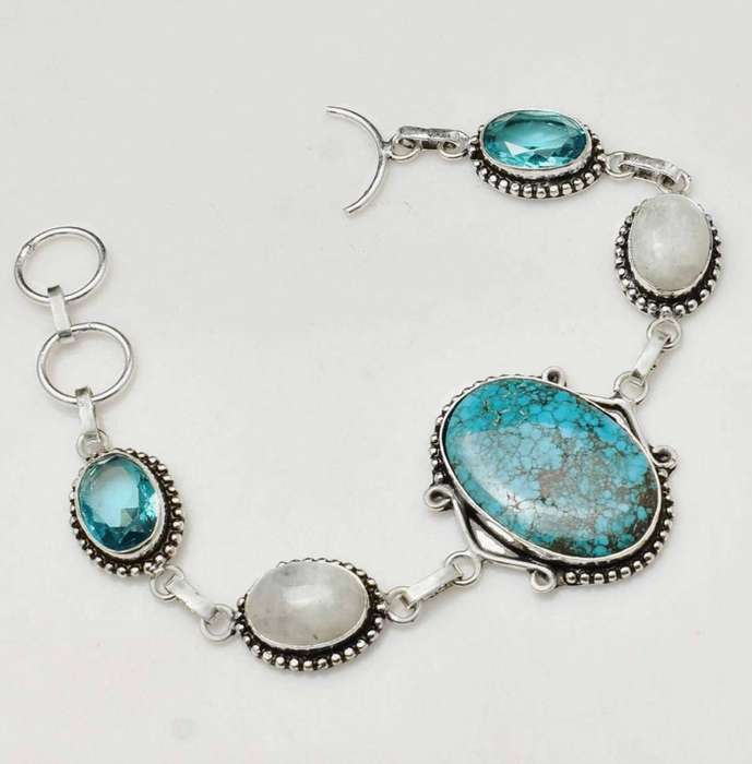 Santa Rosa Natural Turquoise Moonstone Topaz set in 925 Sterling Silver Plated Handmade Bracelet