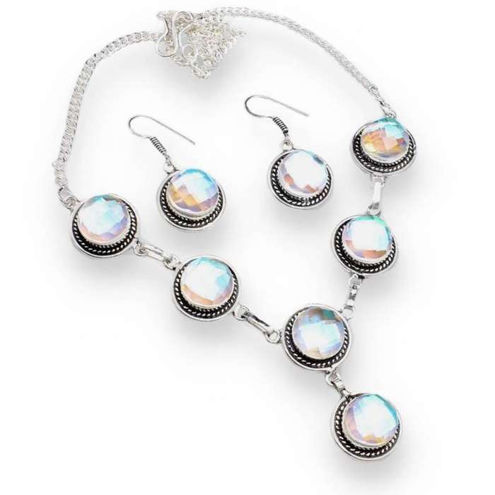 Aqua PInk Mystic Fire Topaz Round Shapes set in .925 Sterling Silver Plated Necklace and Earrings