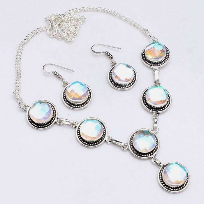 Aqua PInk Mystic Fire Topaz Round Shapes set in .925 Sterling Silver Plated Necklace and Earrings