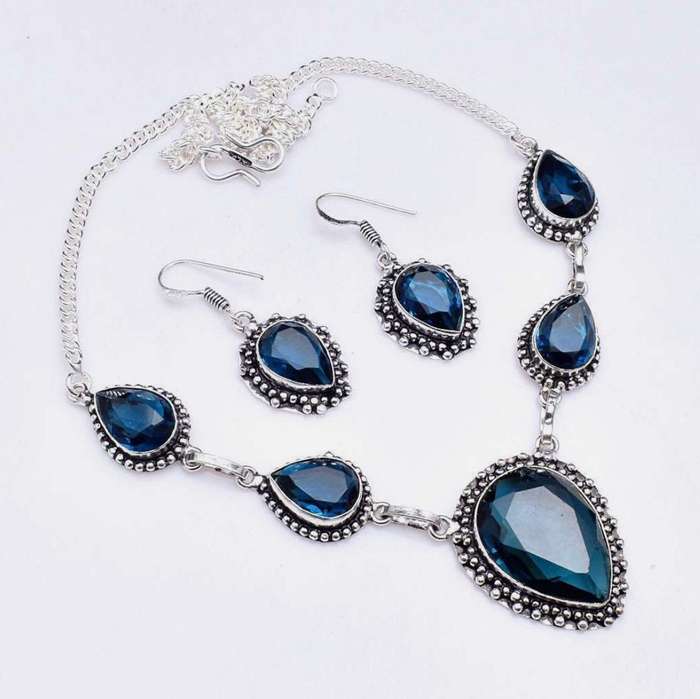 Blue Apatite Pears set in .925 Sterling Silver Plated Antique Style Necklace & Earrings Set