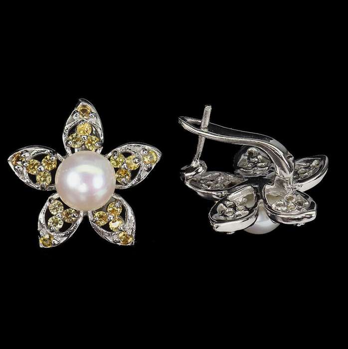 Natural Unheated Yellow Sapphires and Pearl in Solid 925 Sterling Silver 14K White Gold Earrings