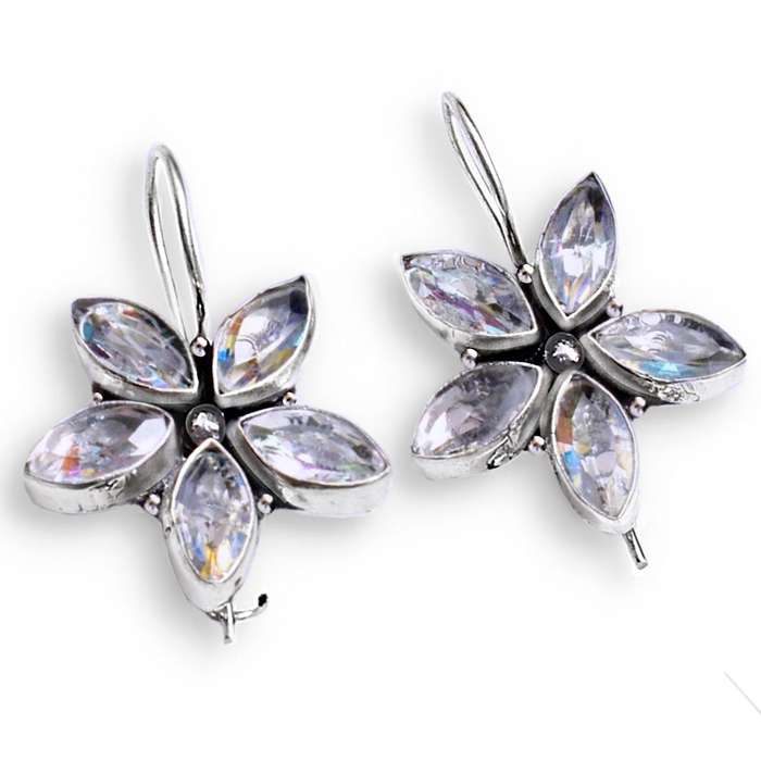 Fiery Quartz Marquise Facet Cut set in .925 Sterling Silver Plated Floral Setting Earrings