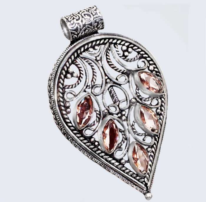 Antique Style Set Faceted Morganite Marquise Gemstones .925 Sterling Silver Plated Handmade Pendant