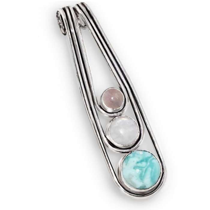 Natural Rainbow Moonstone Larimar and Rose Quartz set in .925 Sterling Silver Plated Handmade Pendan