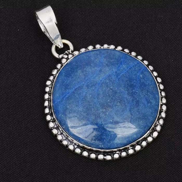 Indian Sapphire Quartz Round set in Antique Style .925 Sterling Silver Plated Handmade Pendant