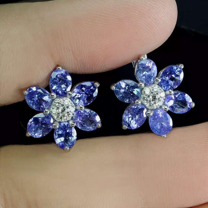 Natural Unheated Tanzanite and AAA White CZ in Solid .925 Sterling Silver Stud Earrings