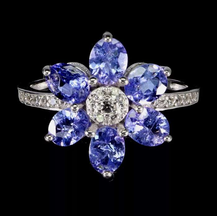 DELUXE Natural Unheated Tanzanite and AAA White CZ  Floral Ring in Solid .925 Silver Size US 8 /Q
